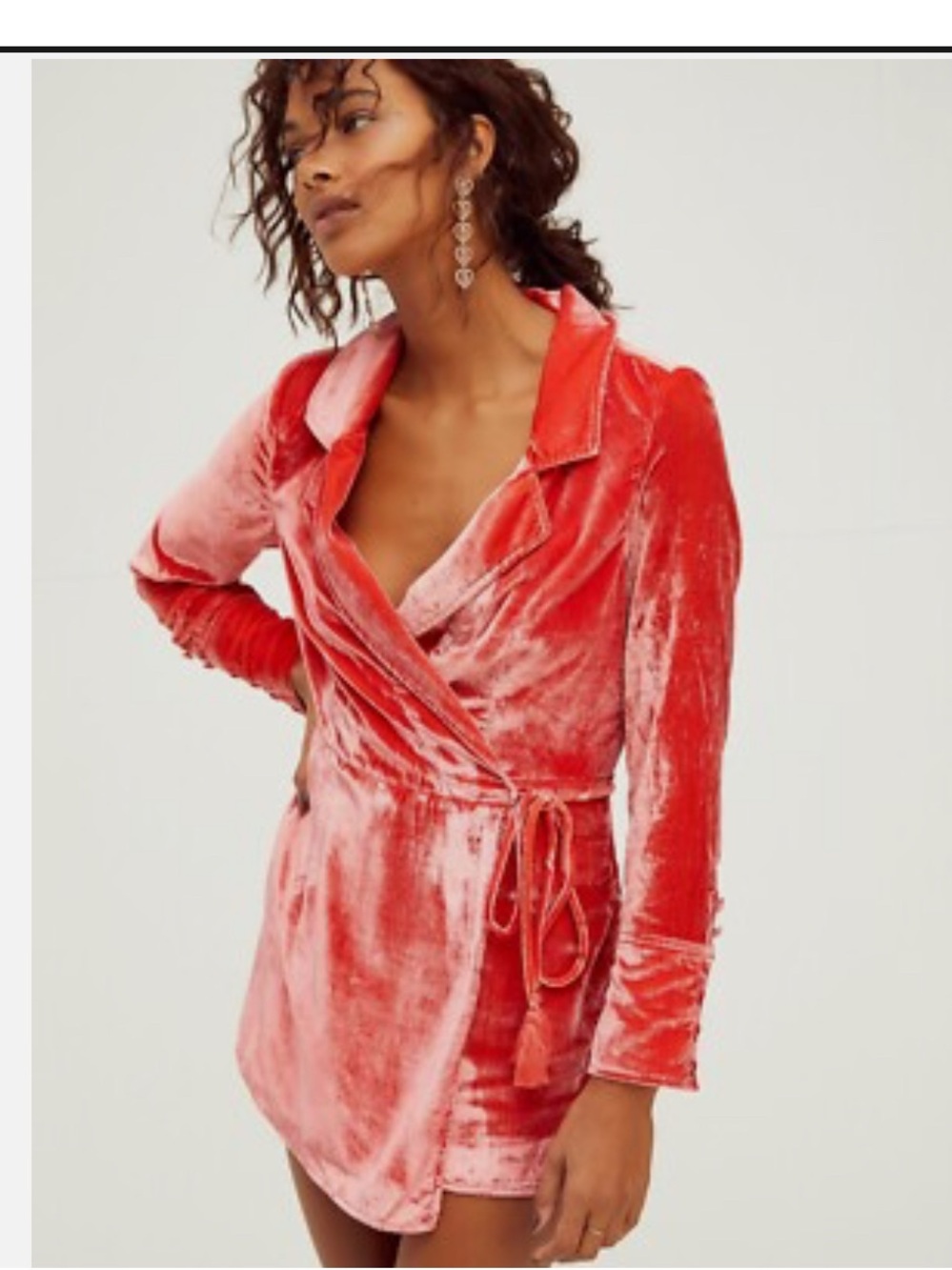 Free People Velvet Wrap Mini Dress in Coral Pink